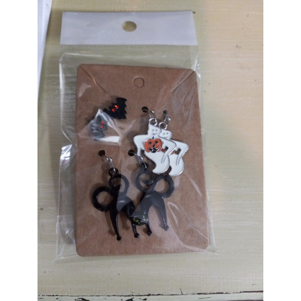 Halloween Earrings Set of 3 Bats Ghosts Black Cats